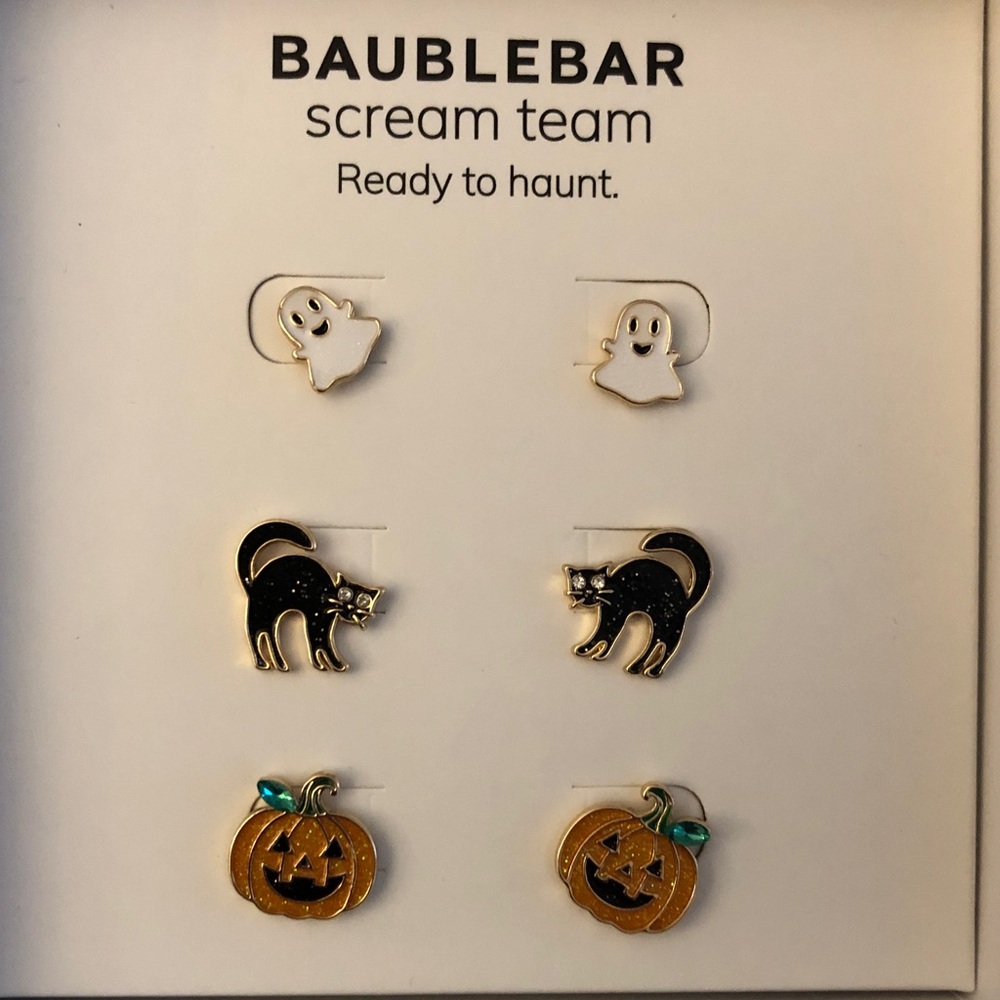 Baublebar Scream Team 3 Pair Stud Earring Set Ghost, Black Cat & Pumpkin NIB